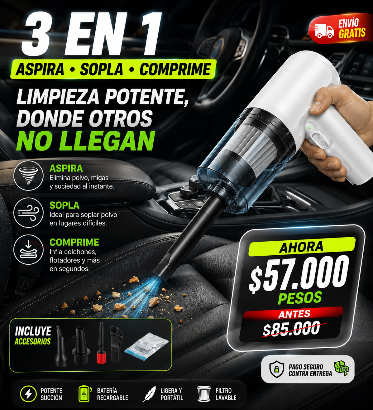 Aspiradora 3 en 1 Inalámbrica — Aspira, Sopla y Comprime para Carro y Hogar